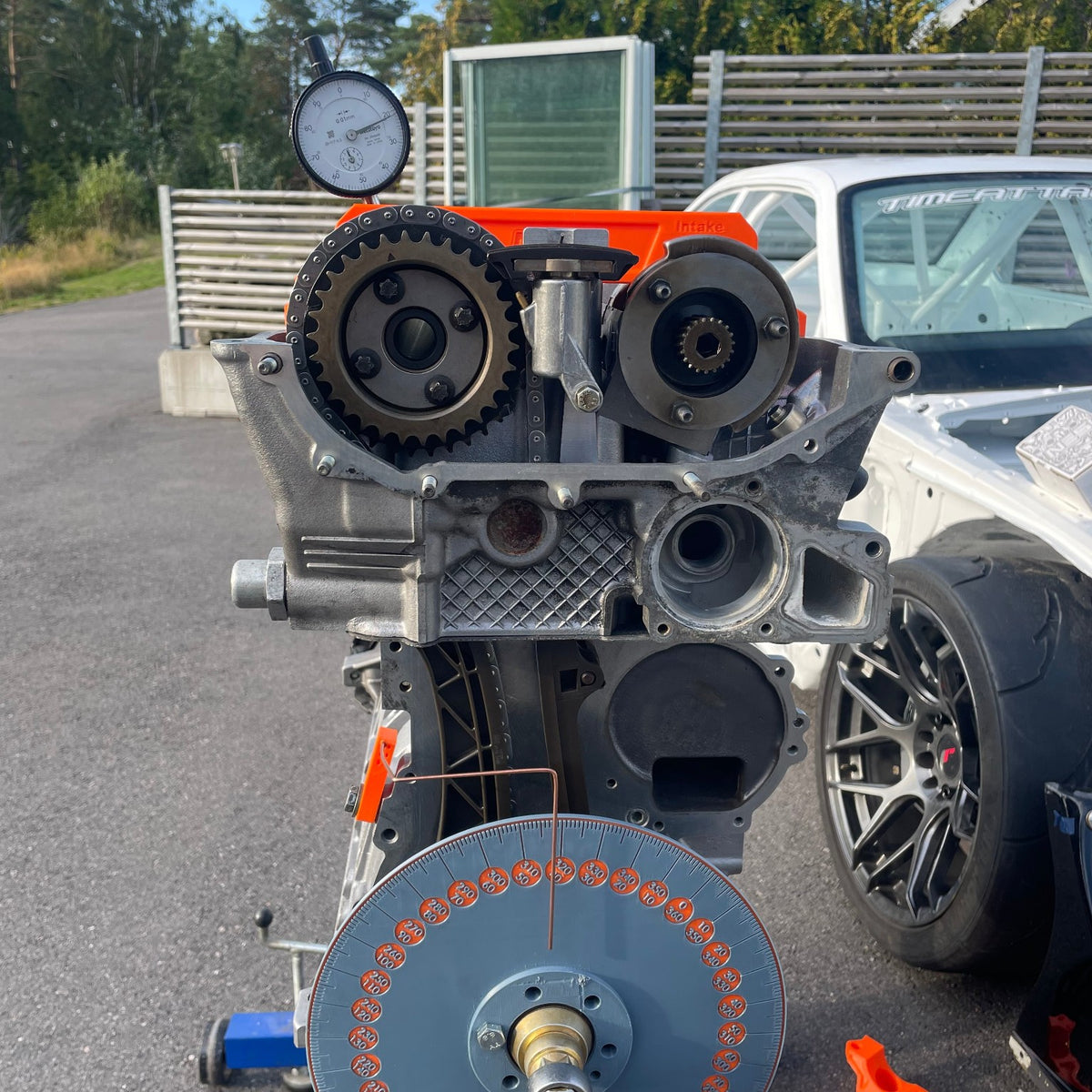 NES camshaft timing kit on BMW engine; dial indicator not included